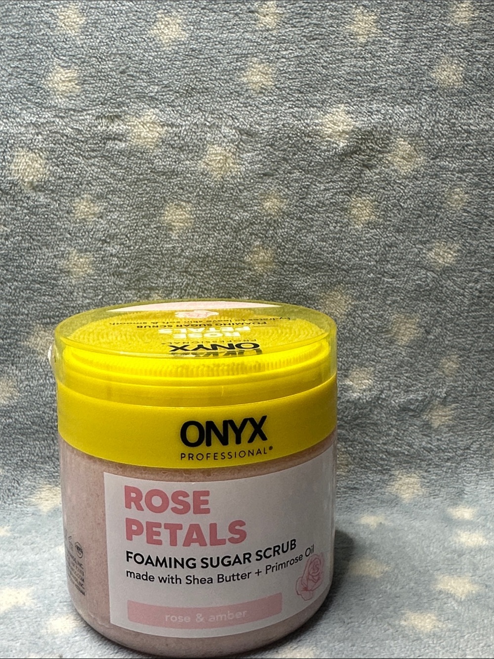 ONYX Rose Petals Foaming Sugar Scrub — Yellow Lid, Pink Scrub
